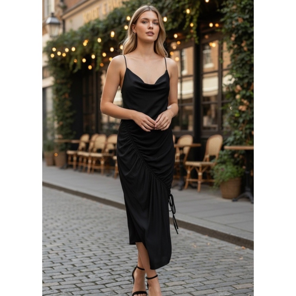 NEW Abercrombie & Fitch Ruched Satin Effect Asymmetrical Midi Dress SP Black